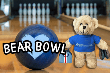 Bowl Bowl Graphic depicting a bowling lane with event title over a blue bowling ball with a blue heart next to Bobby Bear holding his bowling bag and bowling shoes